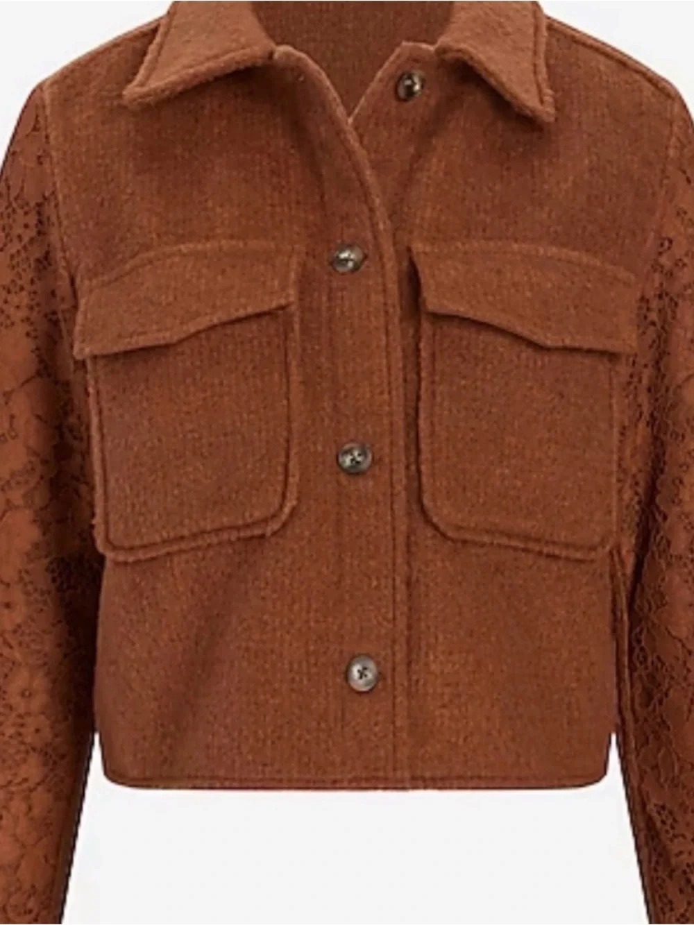 Express - Chic Brown Woven Lace-Sleeve Cropped Jacket NWT -Date  night ready L - Picture 3 of 16
